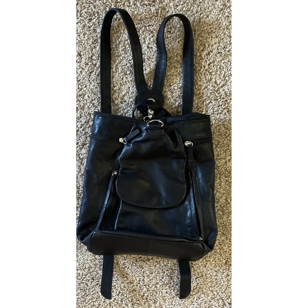 GREAT AMERICAN LEATHERWORKS Black Genuine Leather Organizer Backpack NWOT